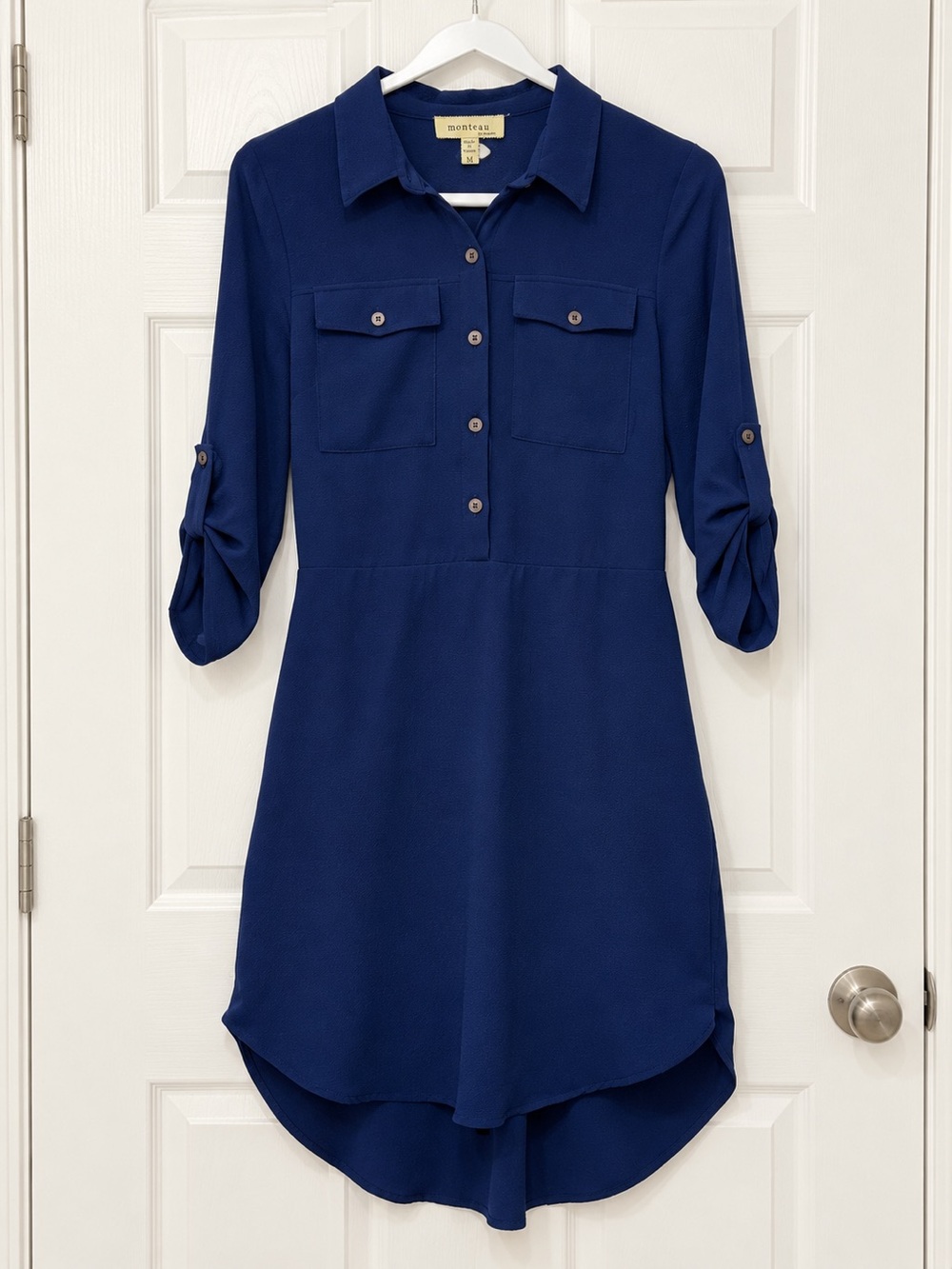 Monteau Navy Blue Shirt Dress Roll Tab Sleeves Pockets Size M High-Low Hem